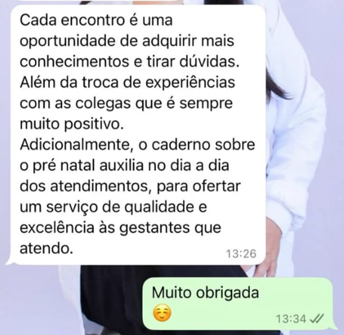 Depoimento real: enfermeira elogiando os encontros e o caderno de pré-natal