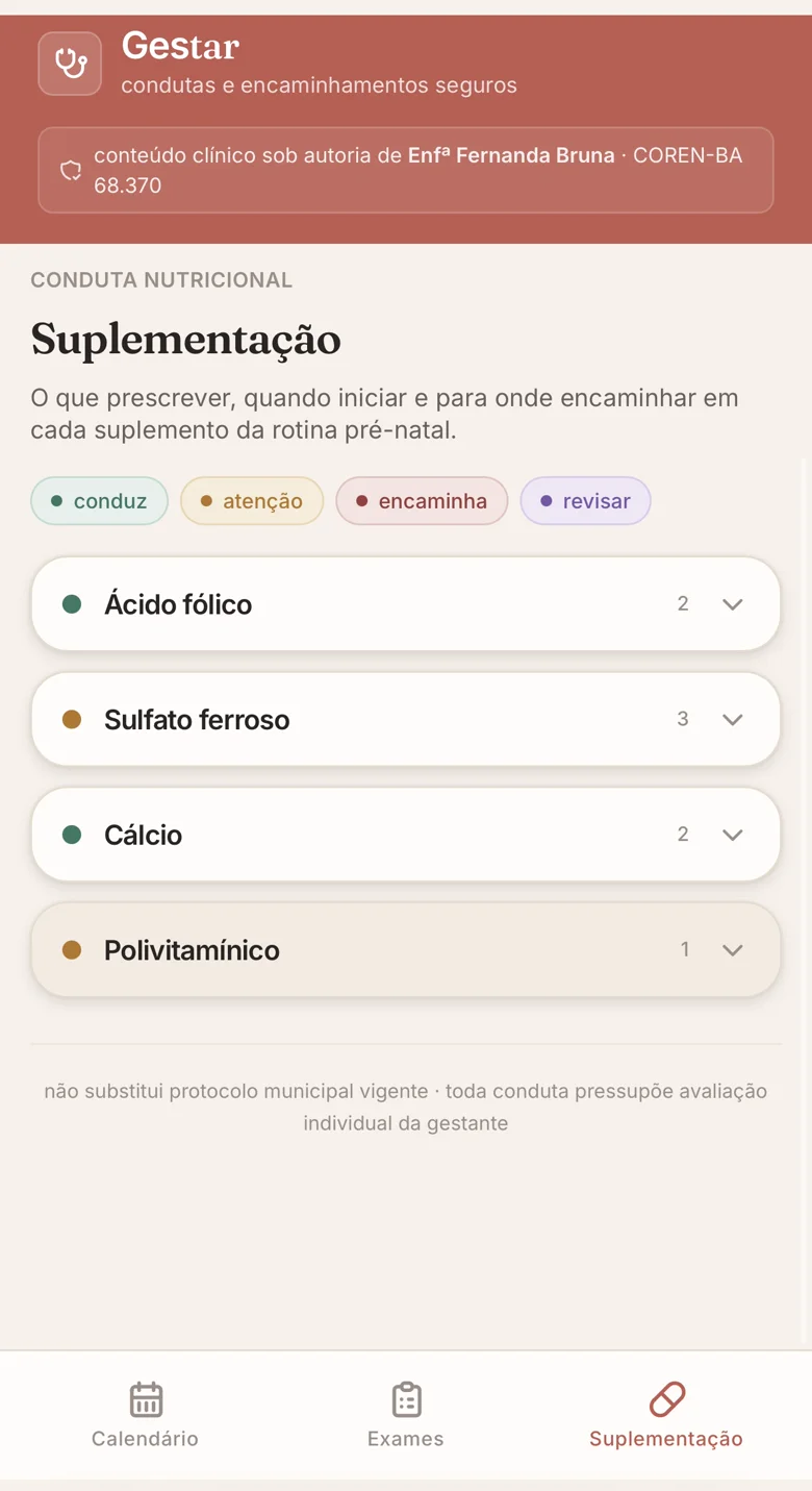 Tela de suplementação do app Gestar